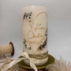 Hochzeitskerze "Flowerheart" weiß & grün