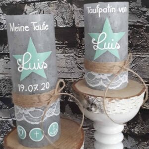 Taufkerze "Star" mint & weiß auf Rustikkerze