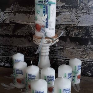 Taufkerze  "Kreuz mit Blütenranke" mint & blau mit Foto