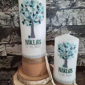 Taufkerze "Lebensbaum" mint & grau
