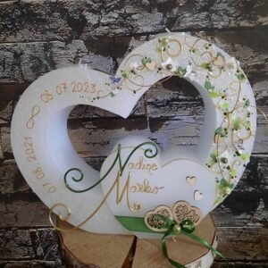 Hochzeitskerze "Doppelherz" grün & Holz