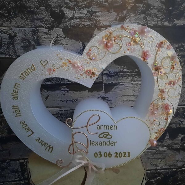 Hochzeitskerze "Doppelherz" apricot & gold