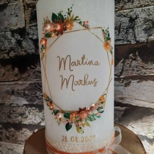 Hochzeitskerze "Symmetry & Flowers" kupfer & orange