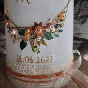 Hochzeitskerze "Symmetry & Flowers" kupfer & orange – Bild 2