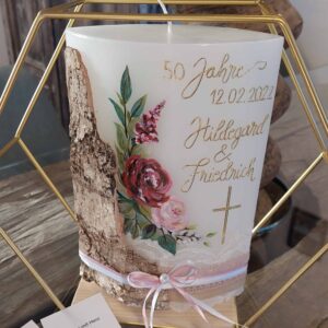Hochzeitskerze "Holz und Blüten" rosa