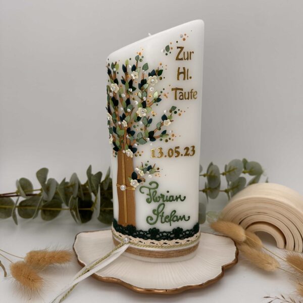 Taufkerze "Lebensbaum" grün & gold