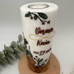 Hochzeitskerze "Greenery" Olivenzweige mit Holzelement – Bild 4