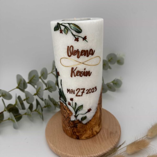 Hochzeitskerze "Greenery" Olivenzweige mit Holzelement