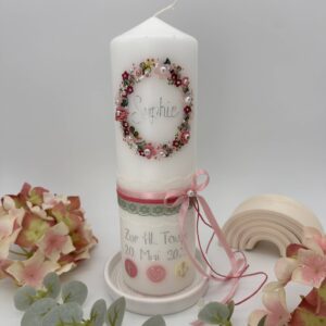 Taufkerze "Blütenkranz" rosa & brombeer