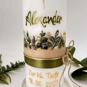 Taufkerze "Greenery" olivegrün & gold – Bild 3