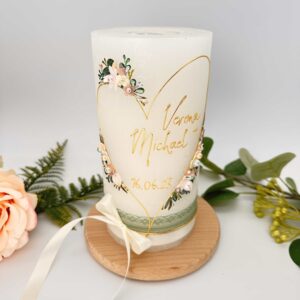 Hochzeitskerze "Flowerheart" zartrosa & grün