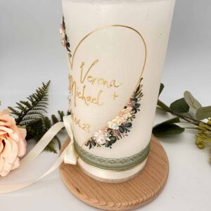 Hochzeitskerze "Flowerheart" zartrosa & grün – Bild 5