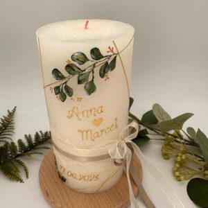 Hochzeitskerze "Symmetrie Leaves" gold & grün