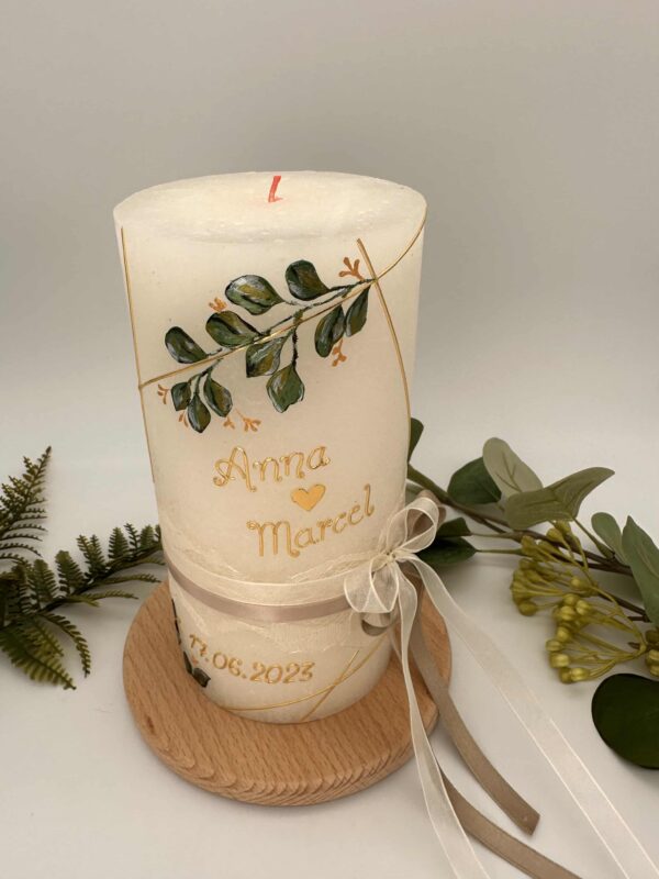 Hochzeitskerze "Symmetrie Leaves" gold & grün