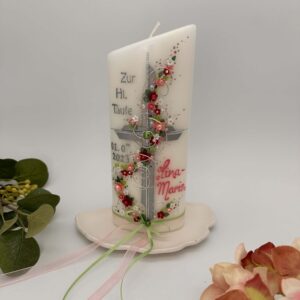 Taufkerze  "Kreuz mit Blütenranke" rosa & grün