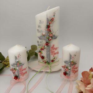 Taufkerze  "Kreuz mit Blütenranke" rosa & grün – Bild 5