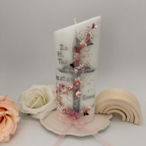 Taufkerze  "Kreuz mit Blütenranke" rosa & weiß