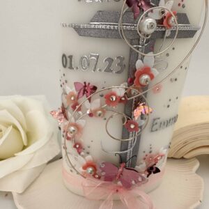 Taufkerze  "Kreuz mit Blütenranke" rosa & weiß – Bild 2