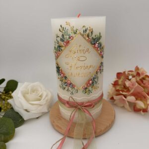 Hochzeitskerze "Flowerframe" rosa & grün