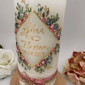 Hochzeitskerze "Flowerframe" rosa & grün – Bild 3