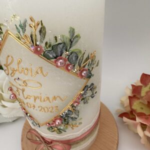 Hochzeitskerze "Flowerframe" rosa & grün – Bild 2