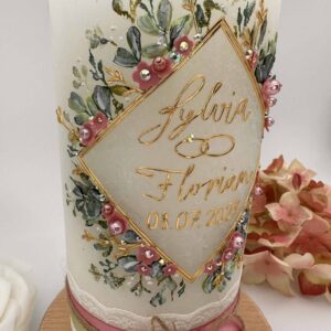 Hochzeitskerze "Flowerframe" rosa & grün – Bild 4