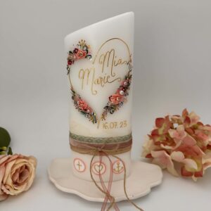 Taufkerze "Flowerheart" rosa & grün