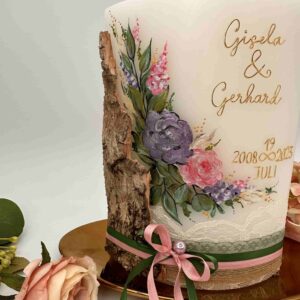 Hochzeitskerze "Holz und Blüten" rosa & lila – Bild 3