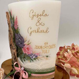 Hochzeitskerze "Holz und Blüten" rosa & lila