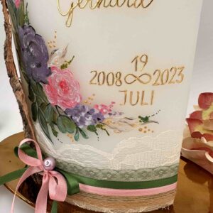 Hochzeitskerze "Holz und Blüten" rosa & lila – Bild 2