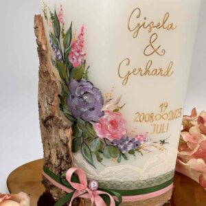 Hochzeitskerze "Holz und Blüten" rosa & lila – Bild 4