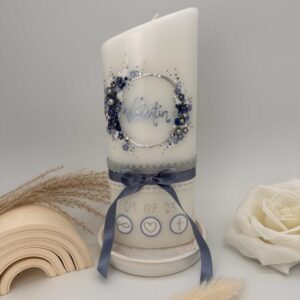 Taufkerze "Flowerloop" blau & weiß