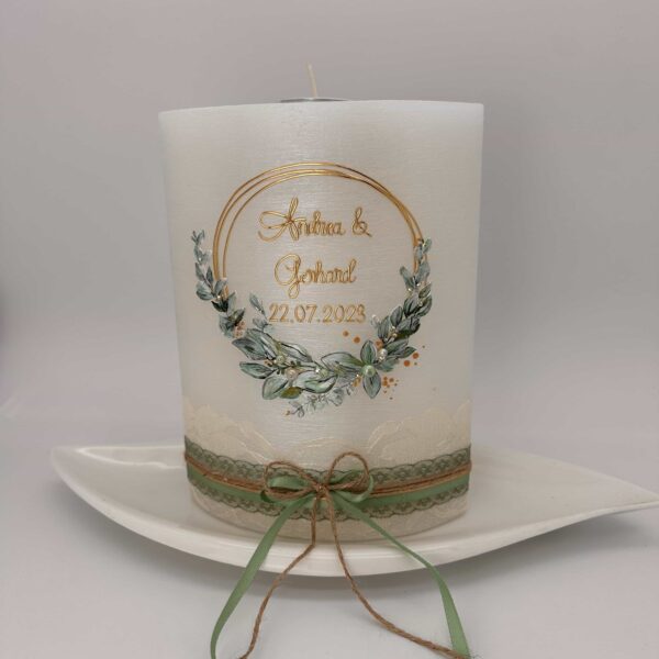 Hochzeitskerze "Oliveloop" grün & gold