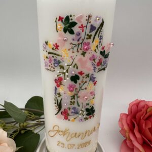 Tauf- oder Kommunionskerze "Mosaik-Kreuz" Wiesenblumen