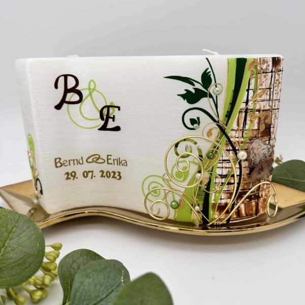 Hochzeitskerze "Welle" grün & braun
