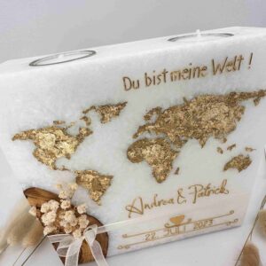 Hochzeitskerze "Weltkarte" in Glamorous Gold – Bild 4