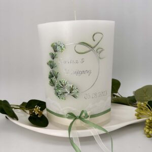 Hochzeitskerze "Ginko" grün & silber