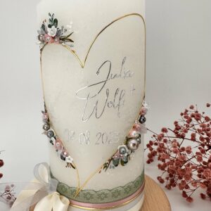 Hochzeitskerze "Flowerheart" zartrosa & silber