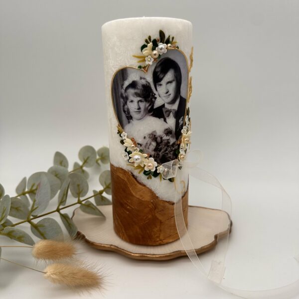 Jubiläumskerze "Flowerheart" mit Foto