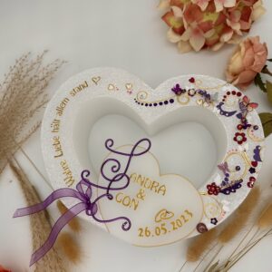 Hochzeitskerze "Doppelherz" brombeer & lila