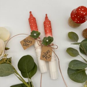 Tafelkerze "Glückslicht oder Glückspilz" einzeln mit Kärtchen