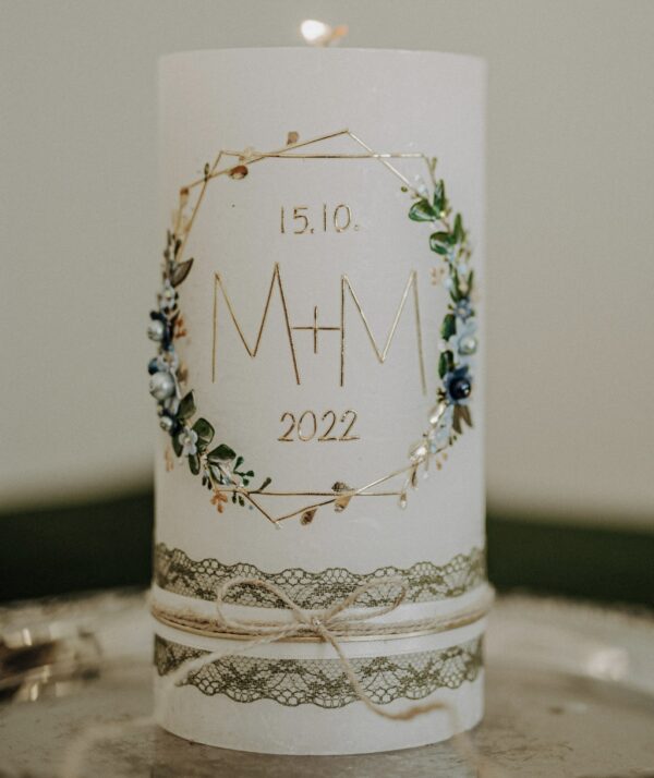 Hochzeitskerze "Hexagon" grün & lichtblau