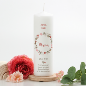 Taufkerze "Flowerloop" olive & coral