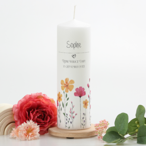 Taufkerze "Flowers" pink & gelb