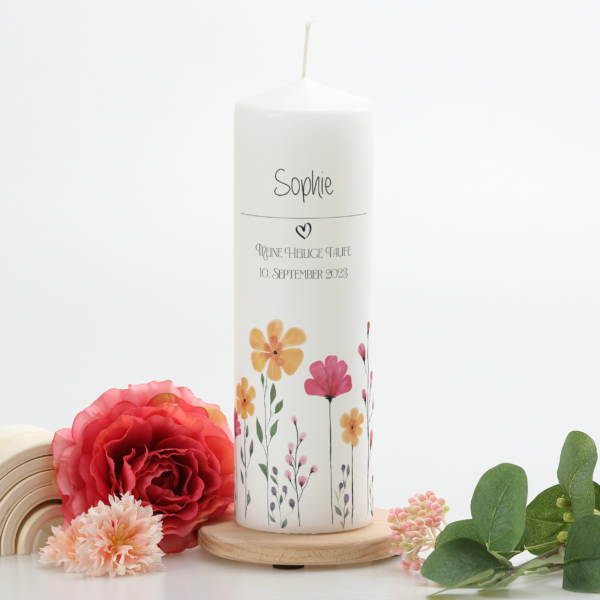 Taufkerze "Flowers" pink & gelb