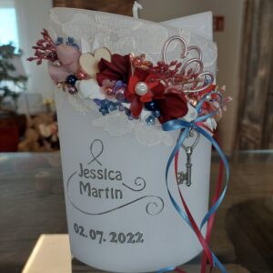 Hochzeitskerze "Blütenbouquet" rot & blau