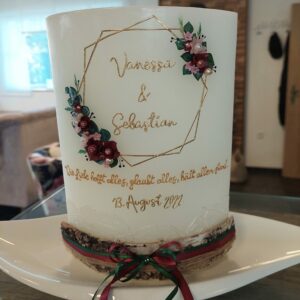 Hochzeitskerze "Symmetry & Flowers" grün & Beerentöne