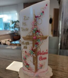 Taufkerze  "Kreuz mit Blütenranke" gold, rosa & mint – Bild 2