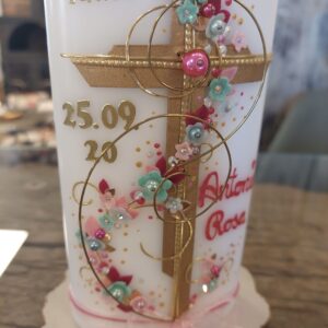 Taufkerze  "Kreuz mit Blütenranke" gold, rosa & mint – Bild 3
