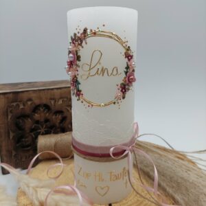 Taufkerze "Flowerloop"zartrosa & grün auf Rustikkerze